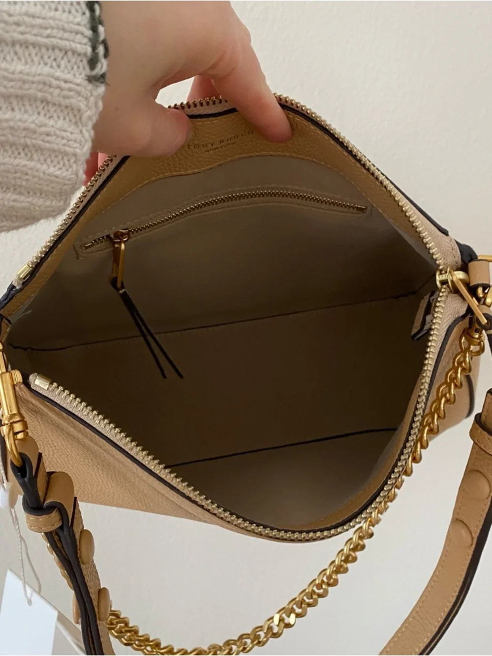 $400 NWT Tory Burch Perry Brown Tan Pebble Leather Gold Chain Strap Shoulder Bag
